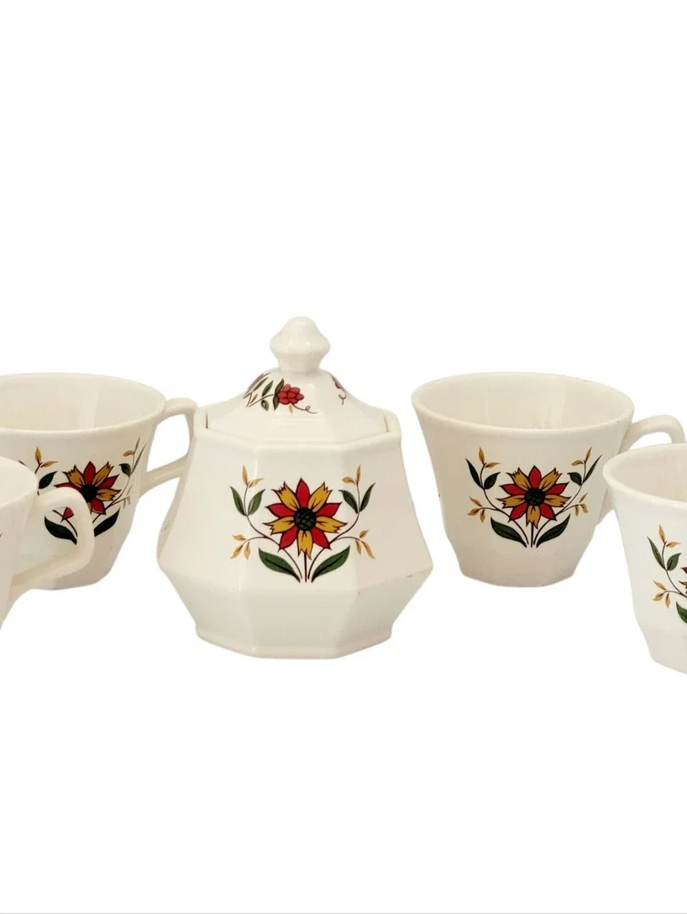 (Lot Of 5) Homer Laughlin Bayberry Floral Ironstone Pieces Sugar Bowl/Lid / Cups